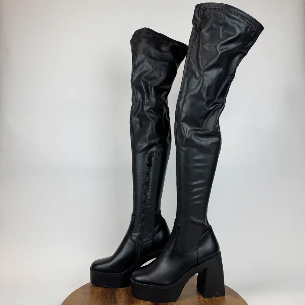 New Womens Azalea‎ Wang Adrianne Black Faux Leather Over The Knee Boots Size 7 M